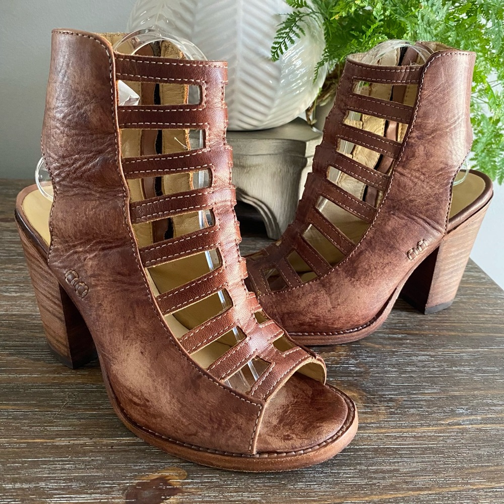 Bed|Stu Boho Occam Distressed Leather Caged Heeled Boots Sandals Womens 7 Tan - Picture 3 of 12